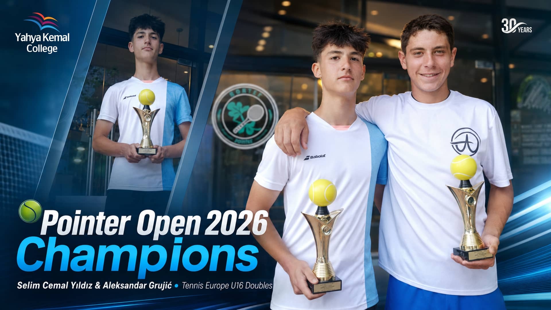 Selim Cemal Yıldız and Aleksandar Grujić holding their trophies after winning the Pointer Open 2026 U16 Doubles Tournament