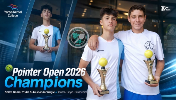Selim Cemal Yıldız and Aleksandar Grujić holding their trophies after winning the Pointer Open 2026 U16 Doubles Tournament